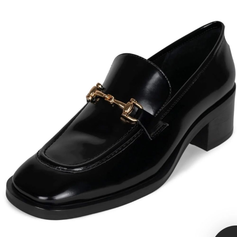 New Jeffery Campbell black leather Heeled loafer with gold metal bit size 6